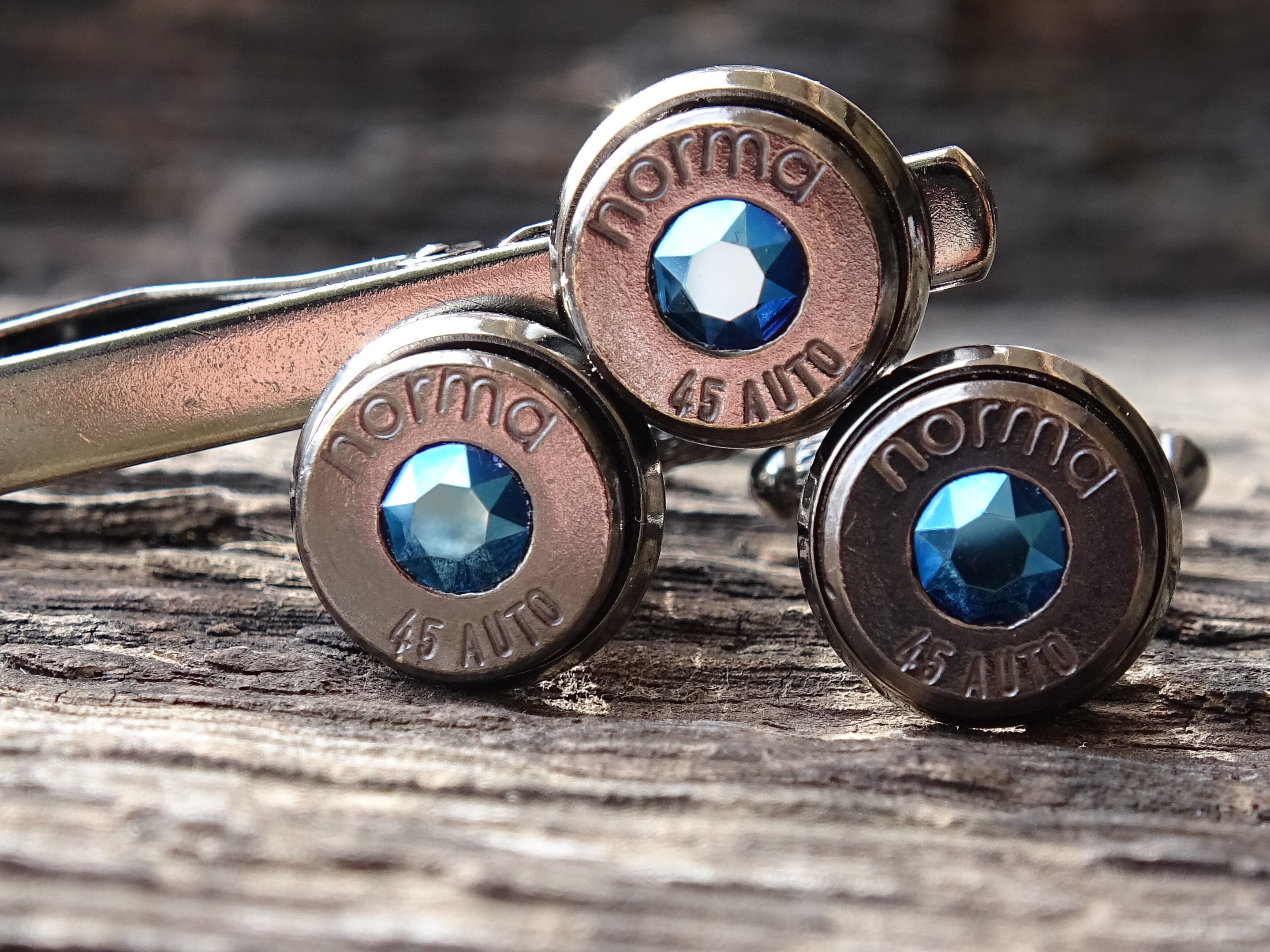 Limited edition Bullet cufflinks & tie clip set gun metal metallic blue (etsy image id: 5863892695)