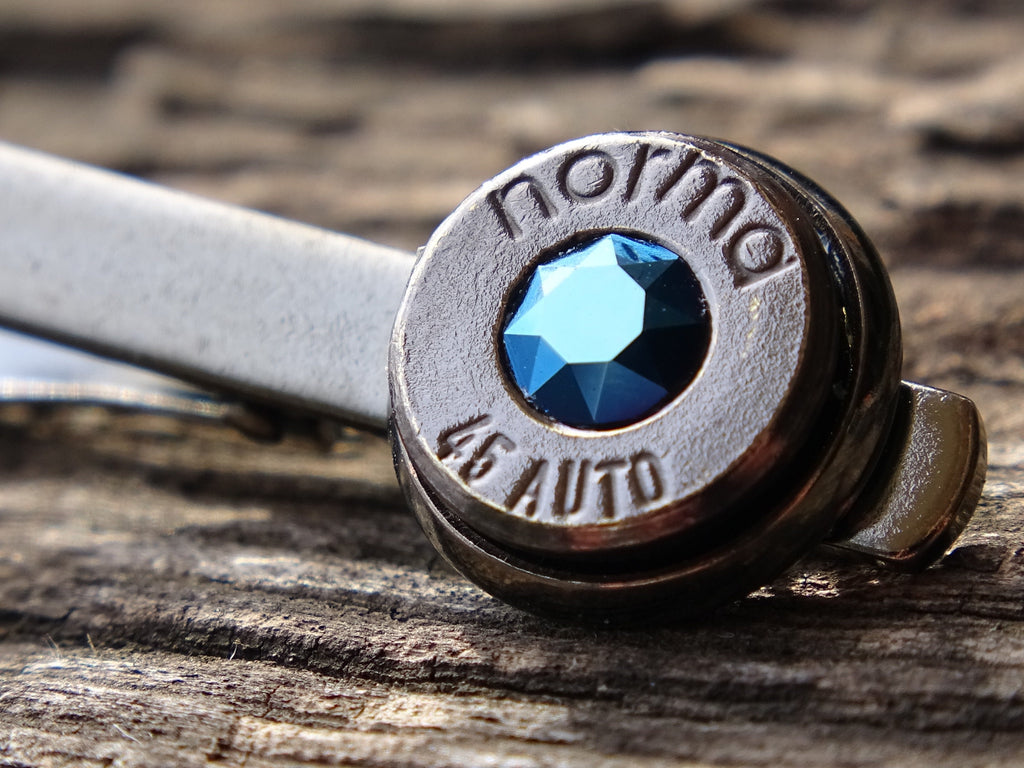 Limited edition Bullet cufflinks & tie clip set gun metal metallic blue (etsy image id: 5863893267)