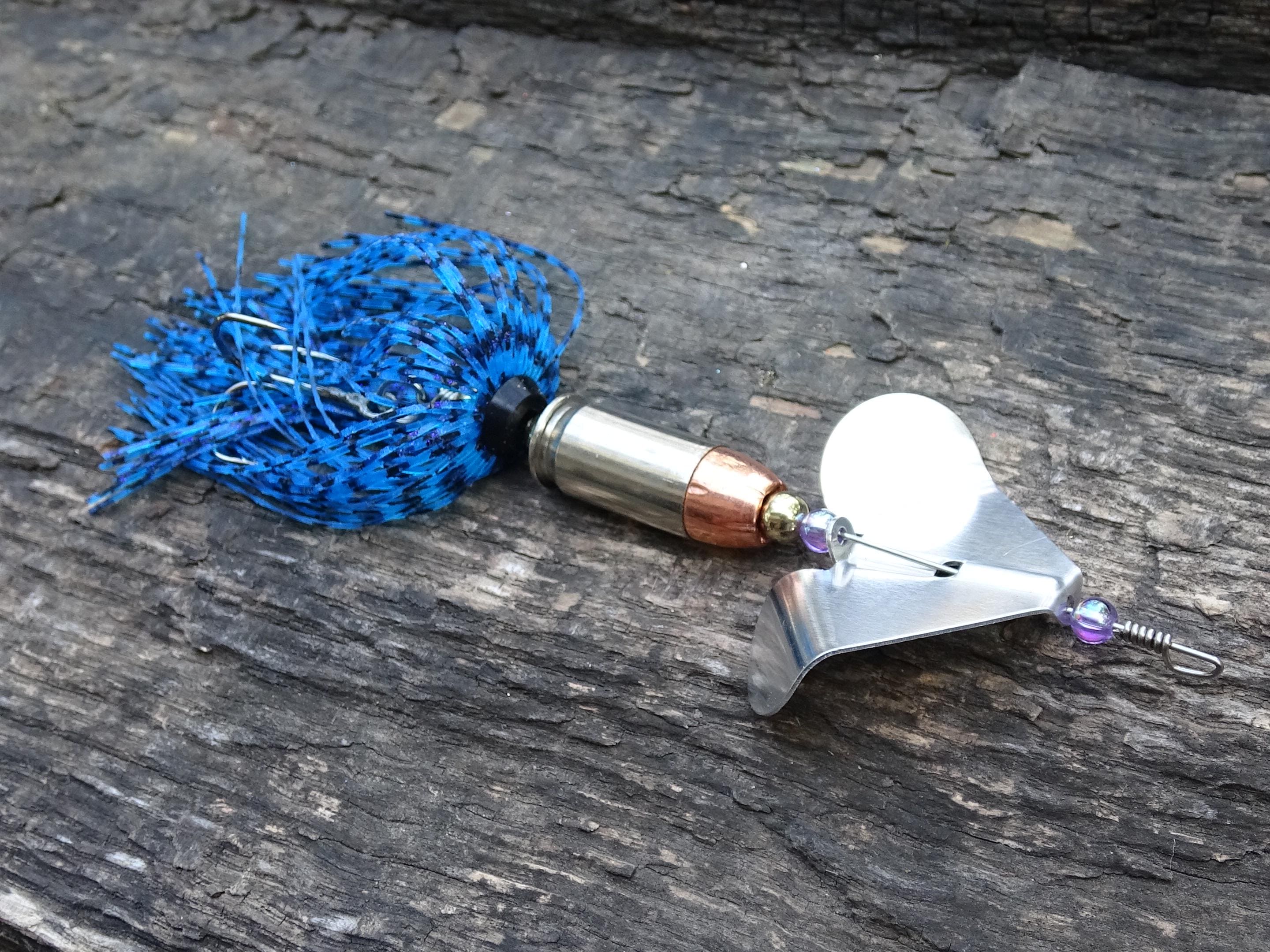 James Henry Bullet Fishing Lure .45 ACP in-line electric blue silver (etsy image id: 6862764556)