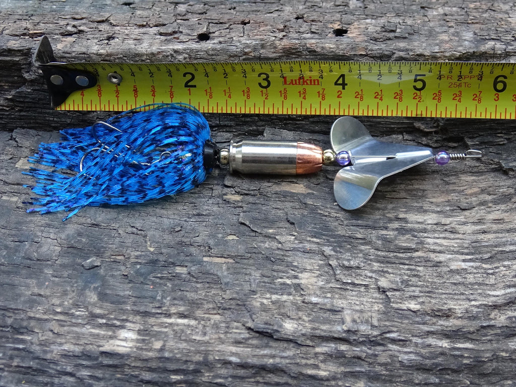 James Henry Bullet Fishing Lure .45 ACP in-line electric blue silver (etsy image id: 6862765540)