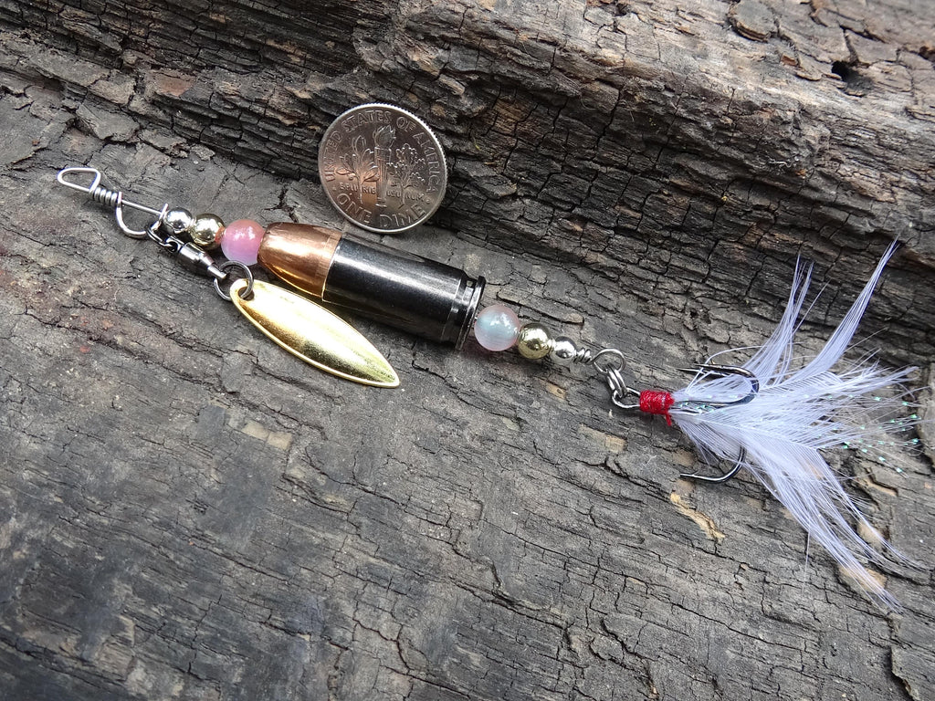 James Henry 9mm bullet fishing lure pink moonstone bead 14k filled bead .925 filled bead (etsy image id: 7019293470)