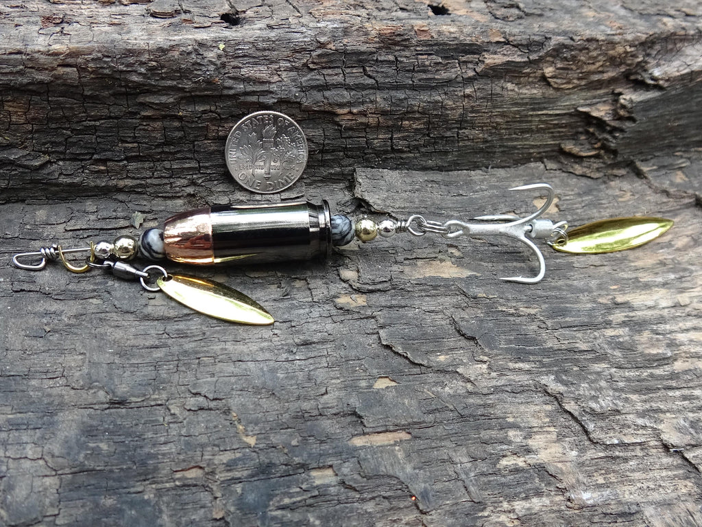 James Henry 45 ACP bullet fishing lure zebra agate bead 14k filled bead .925 filled bead (etsy image id: 7019931980)