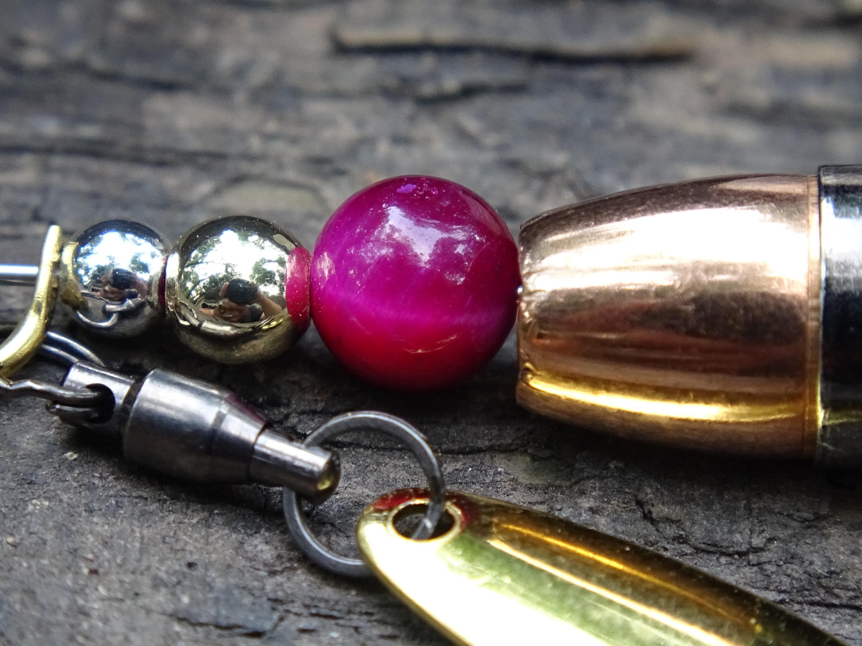 James Henry 9mm bullet fishing lure pink tigers eye bead 14k filled bead .925 filled bead (etsy image id: 7020010960)