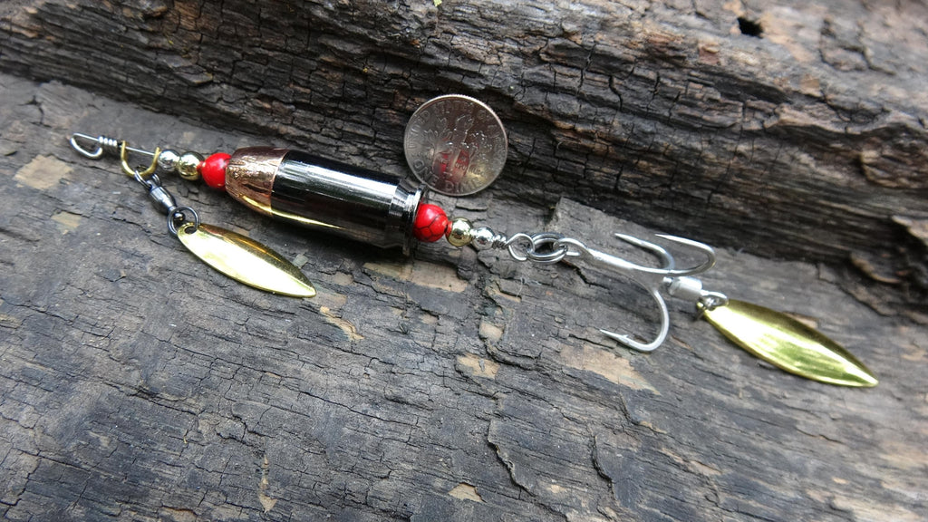James Henry 45 ACP bullet fishing lure red black agate bead 14k filled bead .925 filled bead (etsy image id: 7067899319)