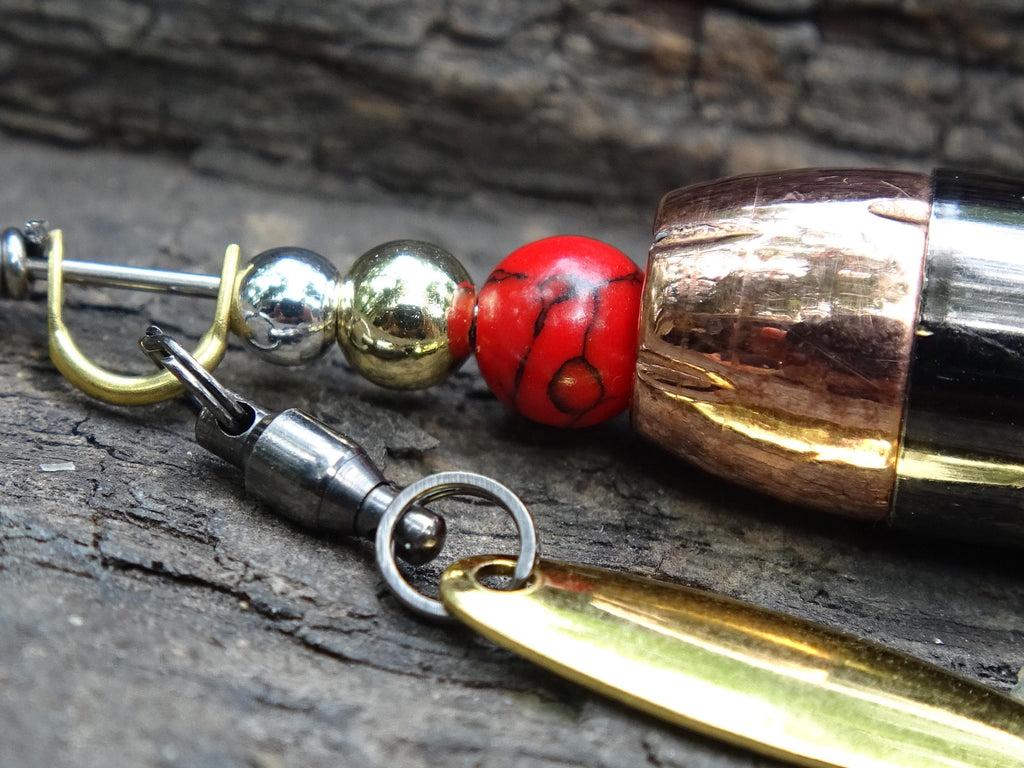 James Henry 45 ACP bullet fishing lure red black agate bead 14k filled bead .925 filled bead (etsy image id: 7067901081)