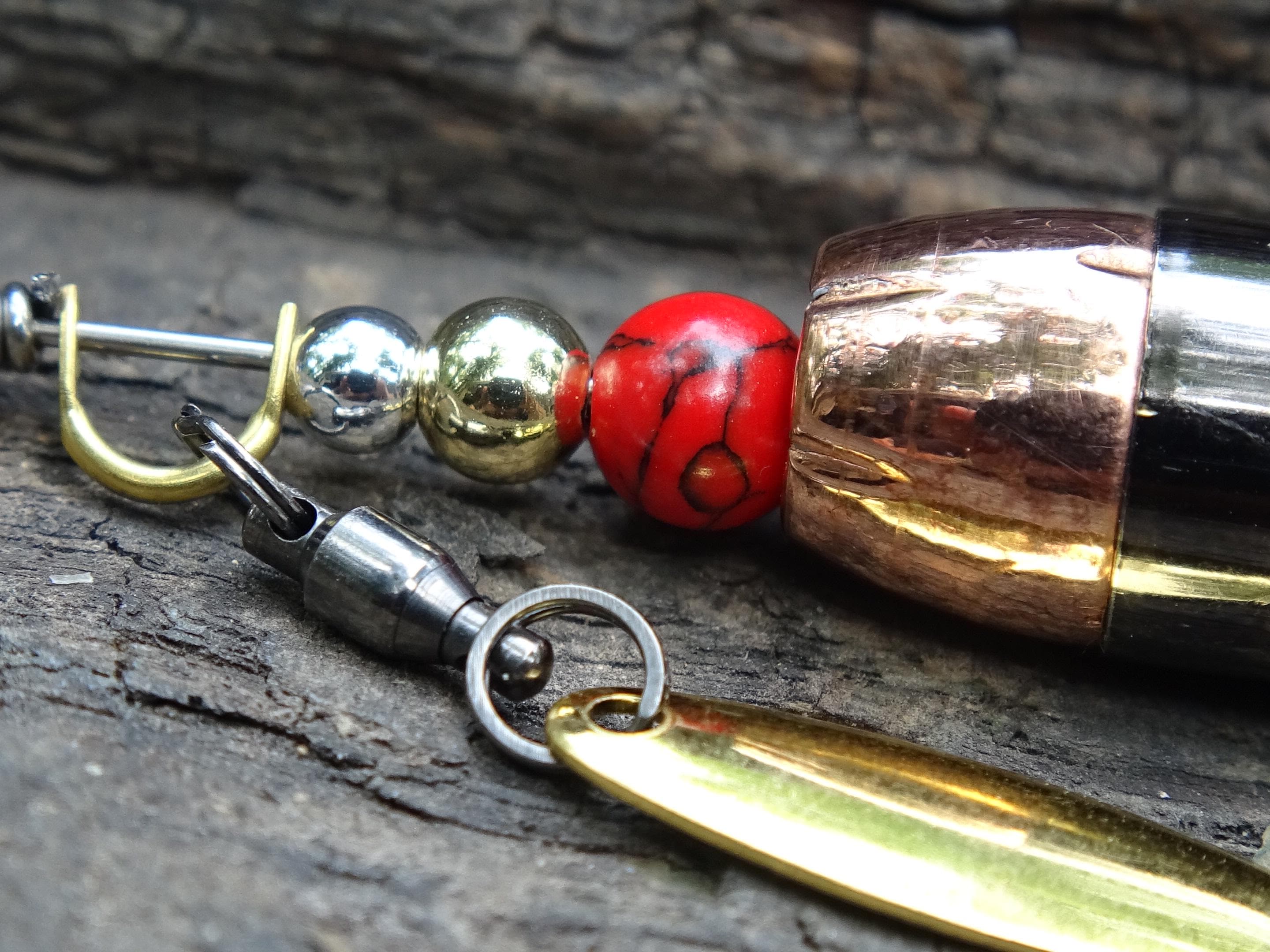 James Henry 45 ACP bullet fishing lure red black agate bead 14k filled bead .925 filled bead (etsy image id: 7067901081)