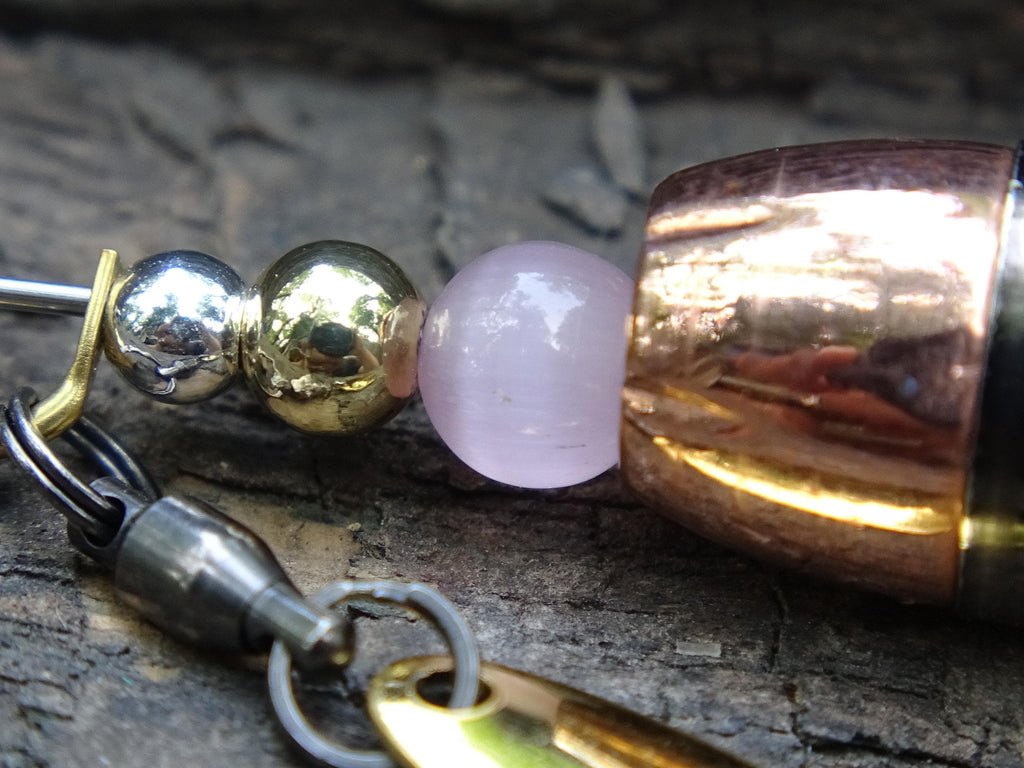 James Henry 45 ACP bullet fishing lure pink moonstone bead 14k filled bead .925 filled bead (etsy image id: 7067949061)