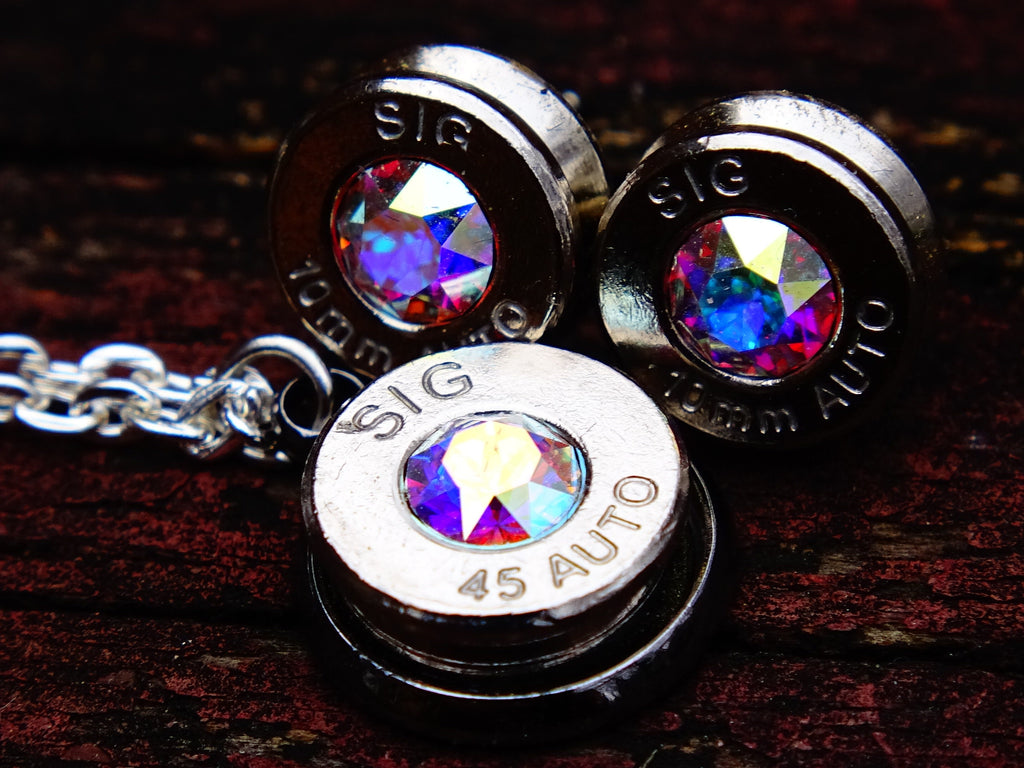 10mm bullet earrings & 45 ACP pendant set swarovski aurora borealis crystal