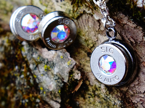 10mm bullet earrings & 45 ACP pendant set swarovski aurora borealis crystal