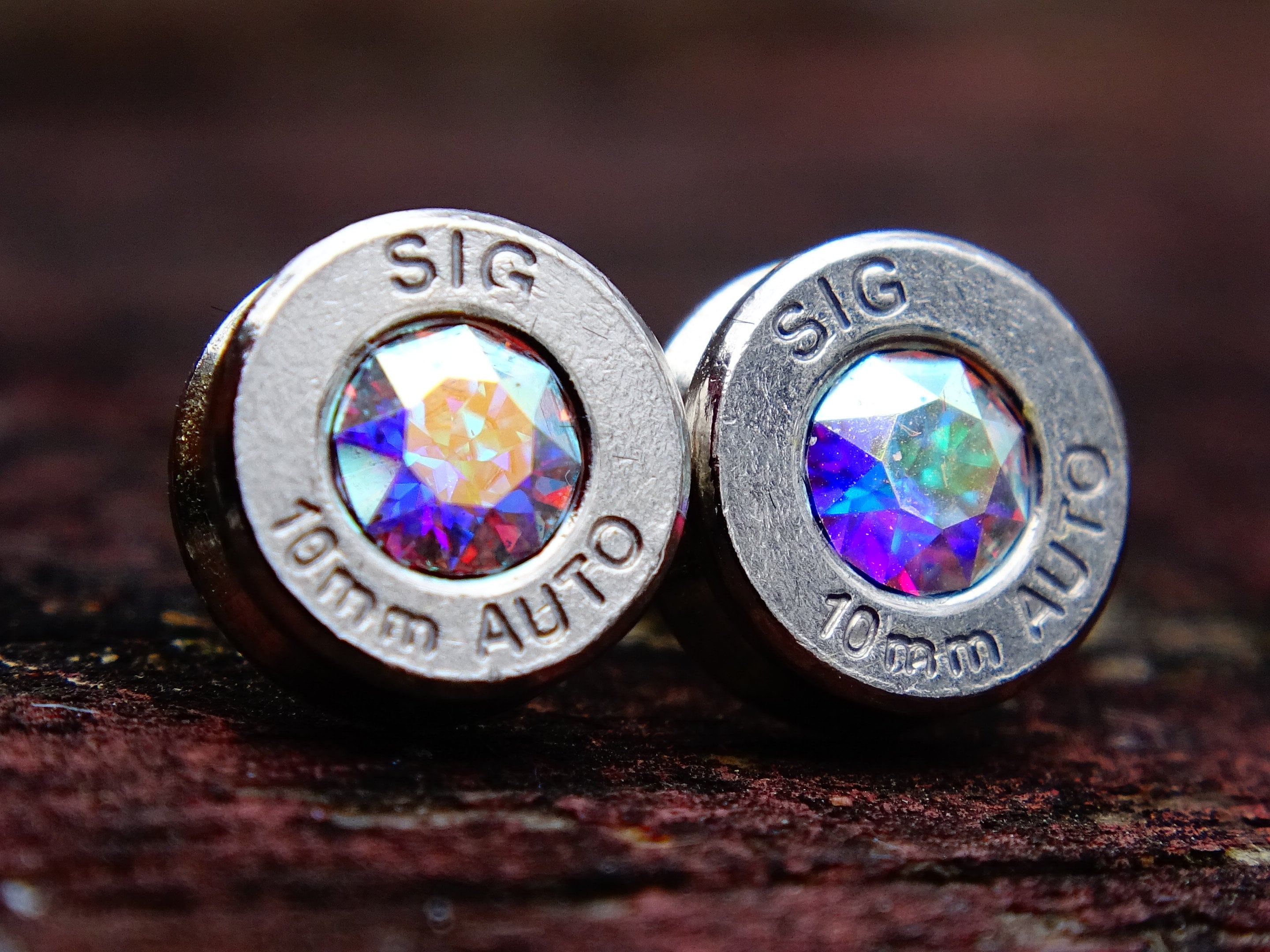 10mm bullet earrings & 45 ACP pendant set swarovski aurora borealis crystal