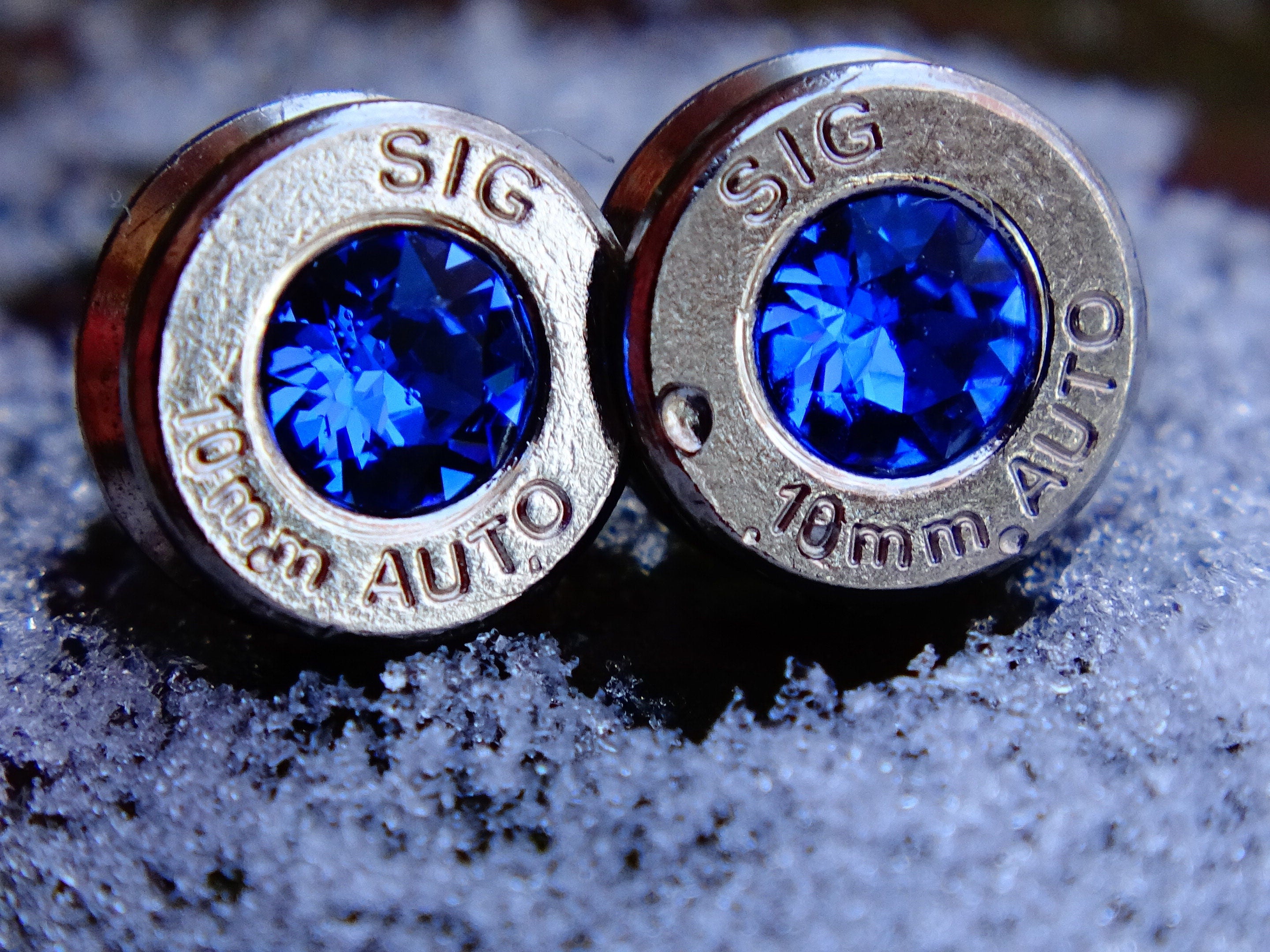 10mm bullet earrings & 45 ACP pendant set swarovski blue sapphire