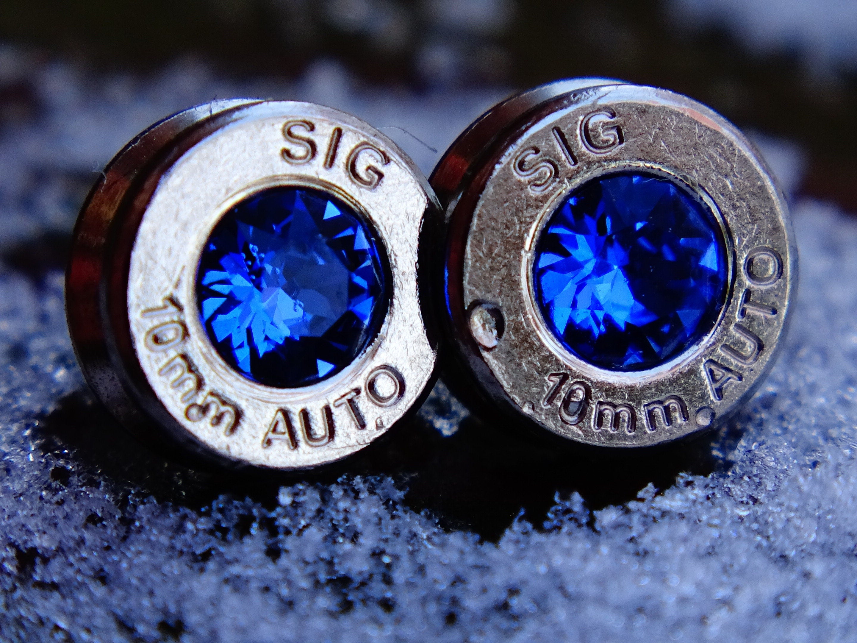 10mm bullet earrings & 45 ACP pendant set swarovski blue sapphire