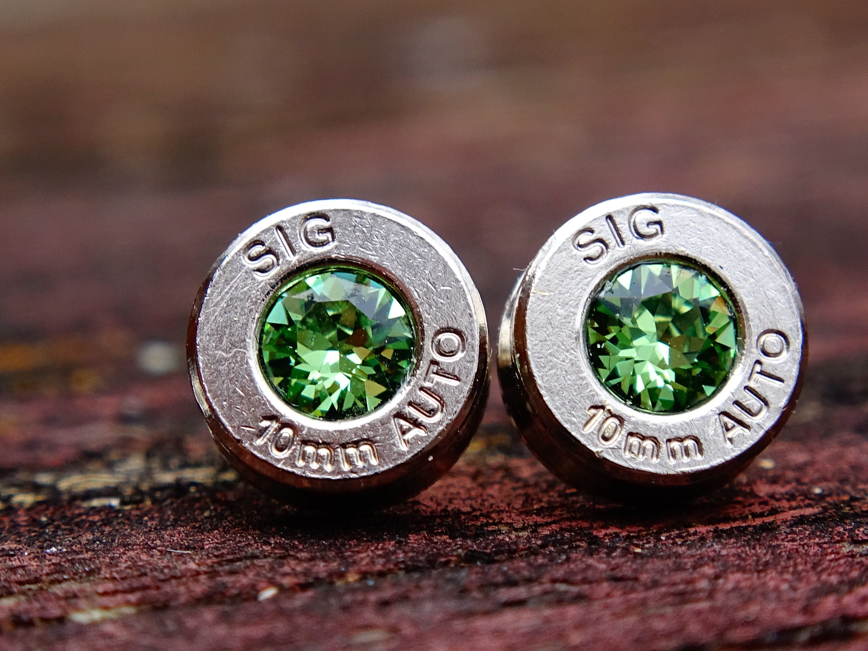 10mm bullet earrings & 45 ACP pendant set swarovski peridot