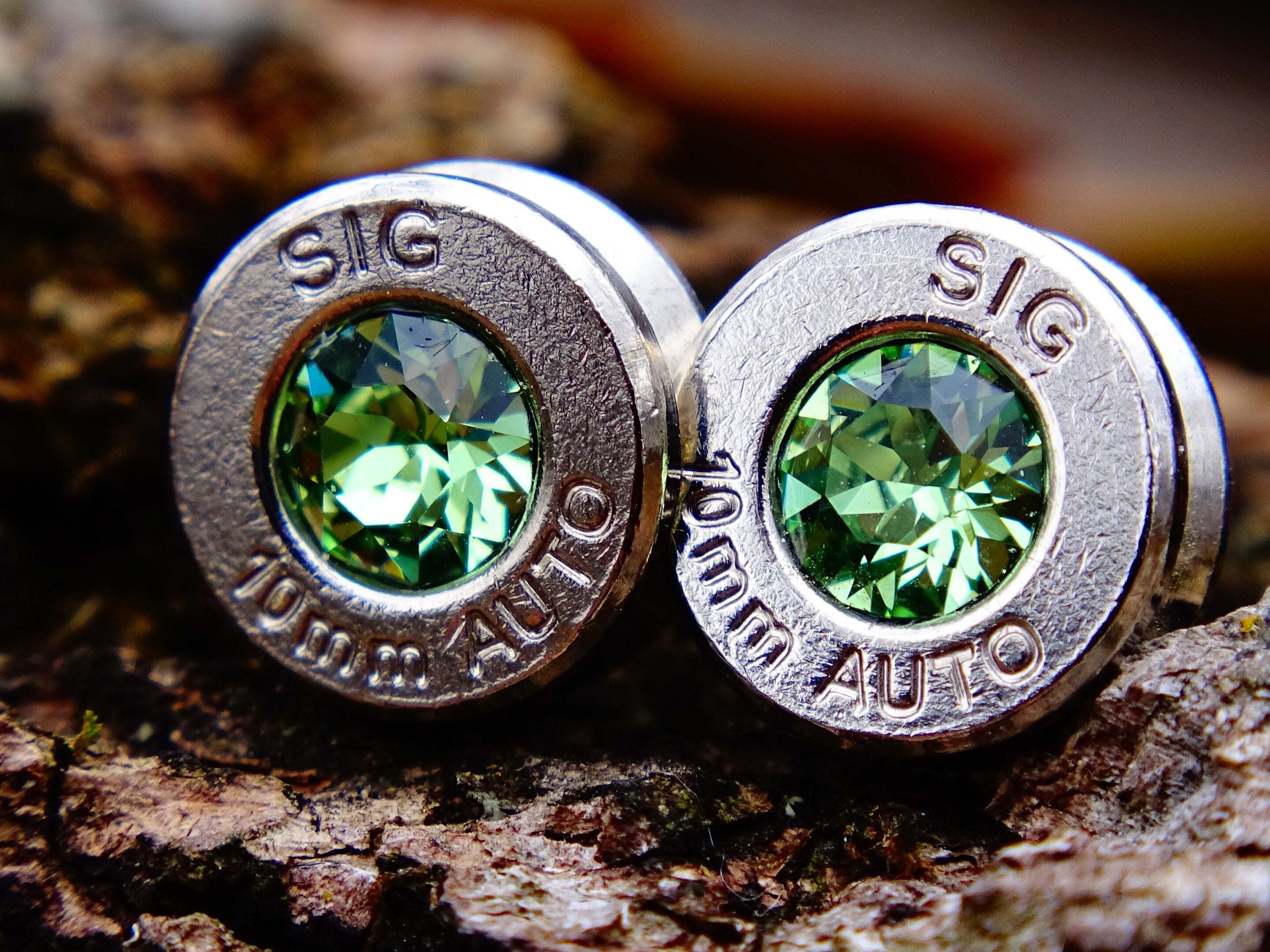 10mm bullet earrings & 45 ACP pendant set swarovski peridot