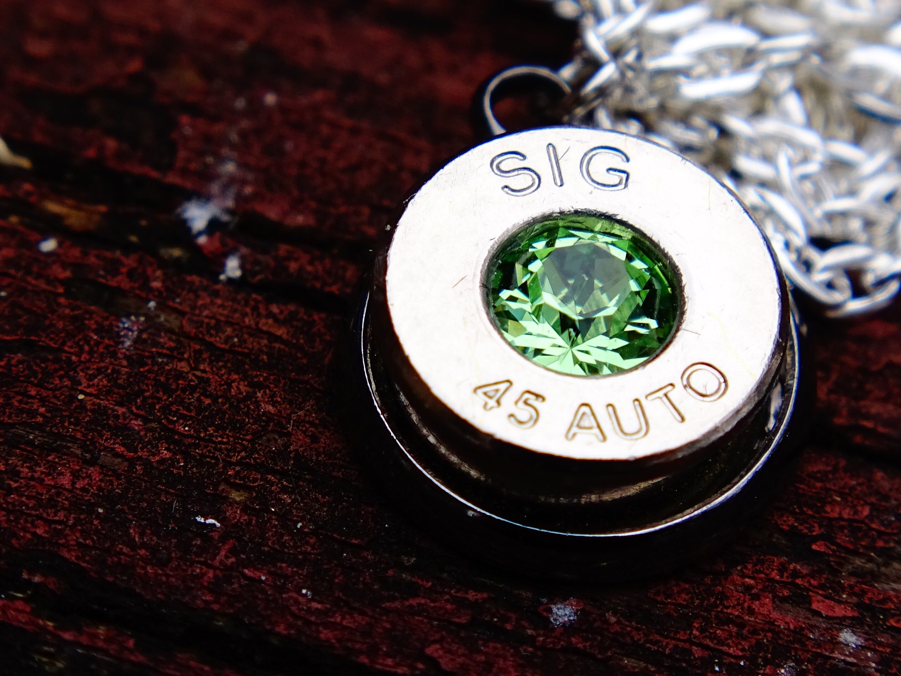 10mm bullet earrings & 45 ACP pendant set swarovski peridot