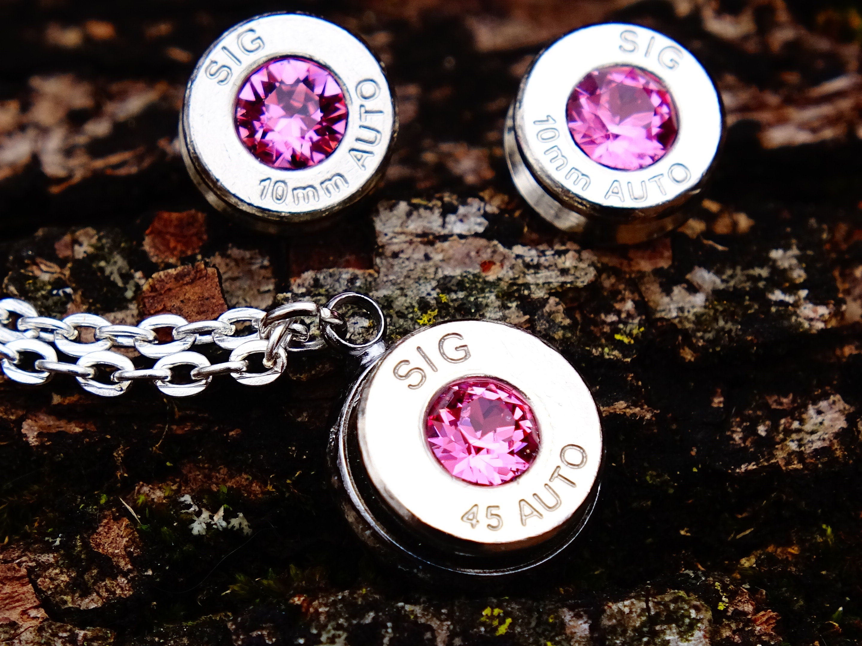 10mm bullet earrings & 45 ACP pendant set swarovski pink tourmaline
