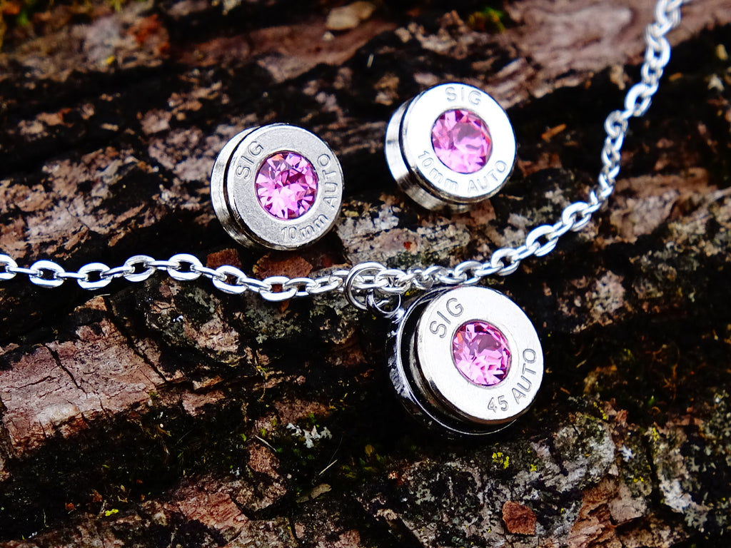 10mm bullet earrings & 45 ACP pendant set swarovski pink tourmaline