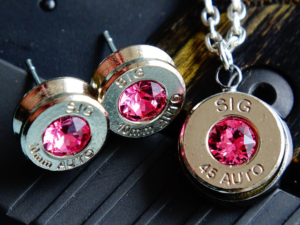 10mm bullet earrings & 45 ACP pendant set swarovski pink tourmaline