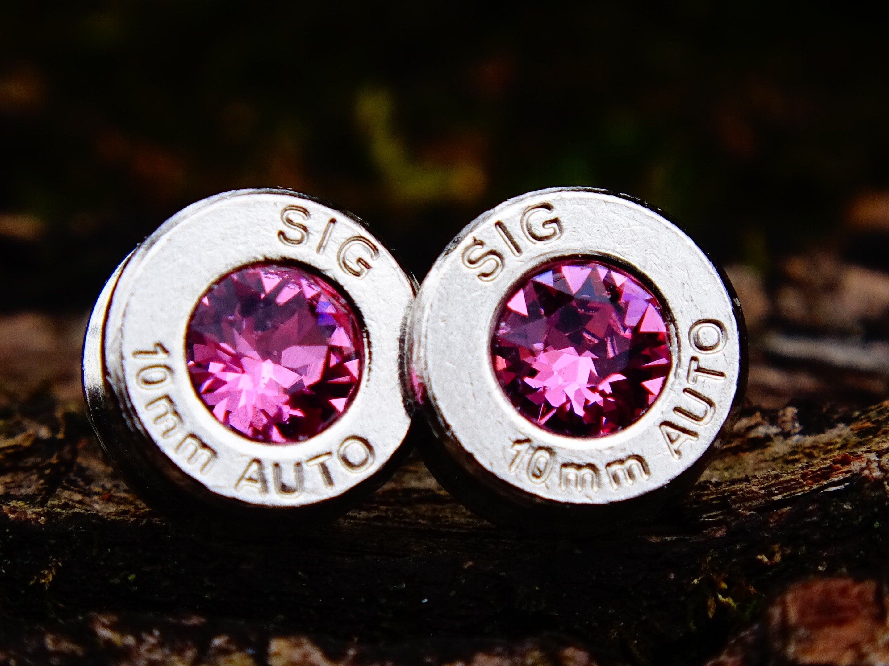 10mm bullet earrings & 45 ACP pendant set swarovski pink tourmaline
